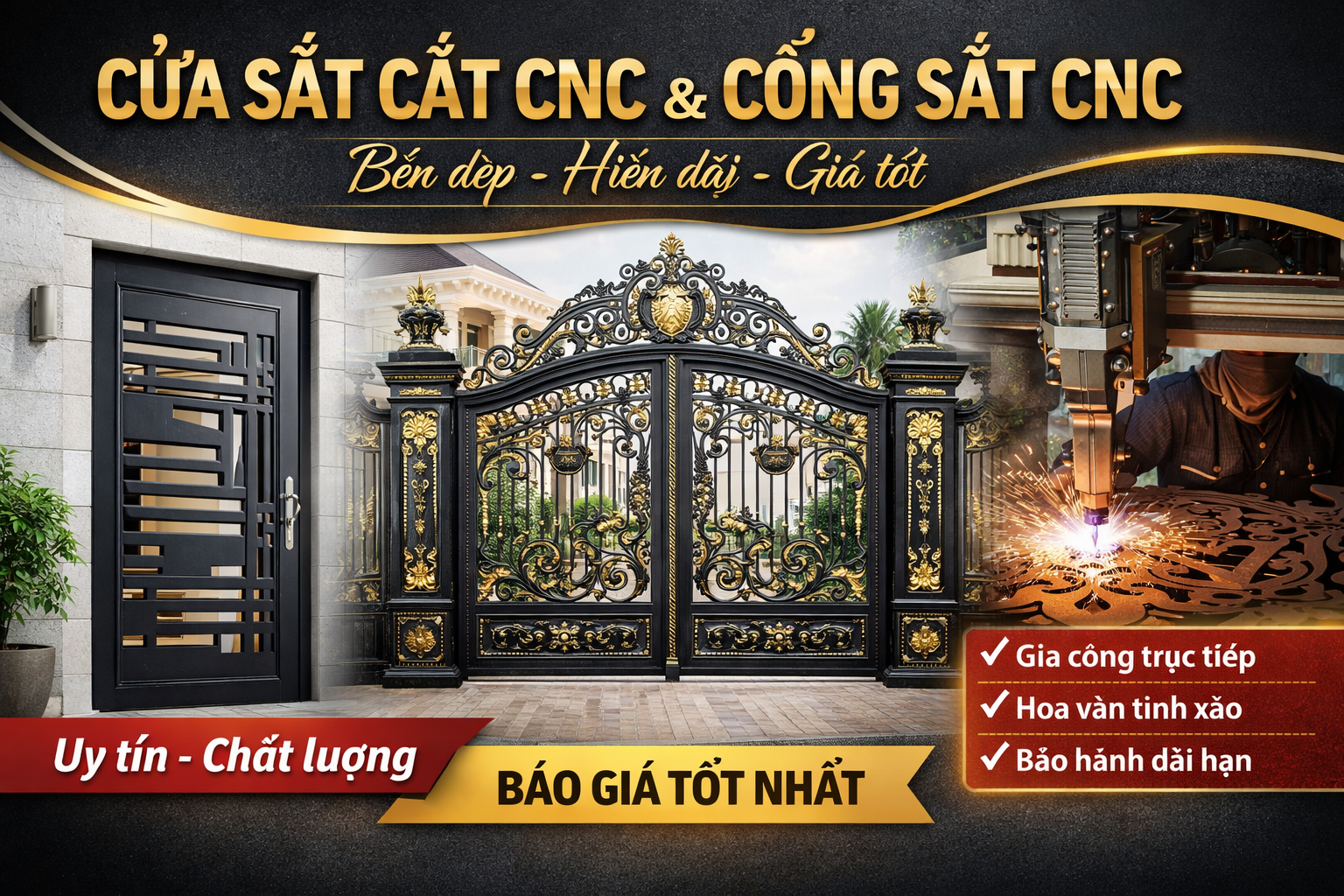 Cửa sắt cắt CNC và cổng sắt CNC hoa văn đẹp, gia công trực tiếp tại xưởng bằng máy cắt CNC hiện đại, thi công trọn gói bền đẹp