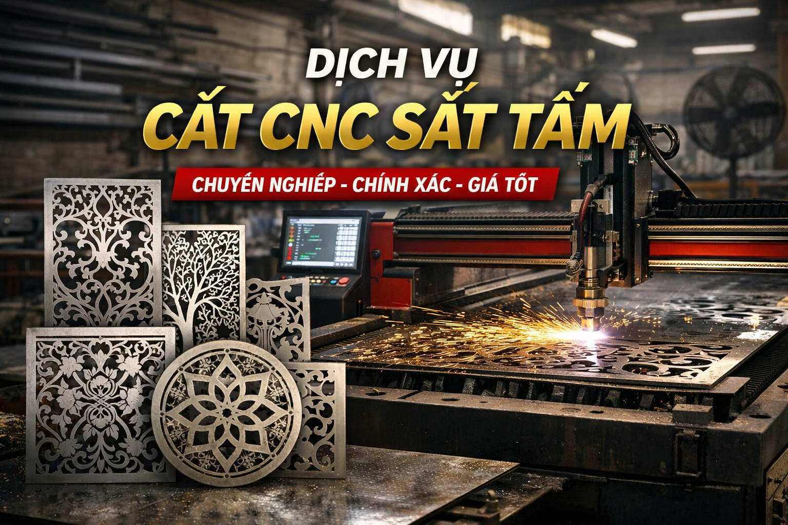 Máy cắt CNC sắt tấm đang gia công hoa văn kim loại trong xưởng, hiển thị các mẫu cắt CNC sắt hoa văn trang trí và máy cắt CNC plasma hoạt động
